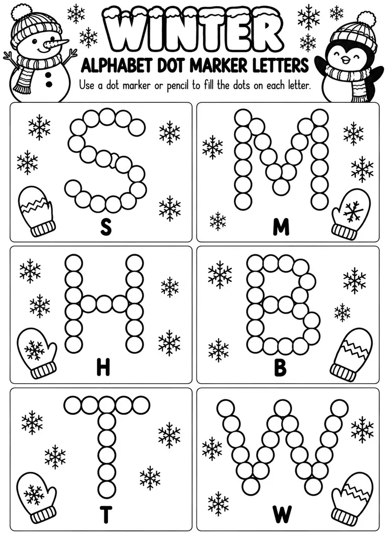 Winter Alphabet Dot Marker Letters for Preschool, Kindergarten, 1st Grade