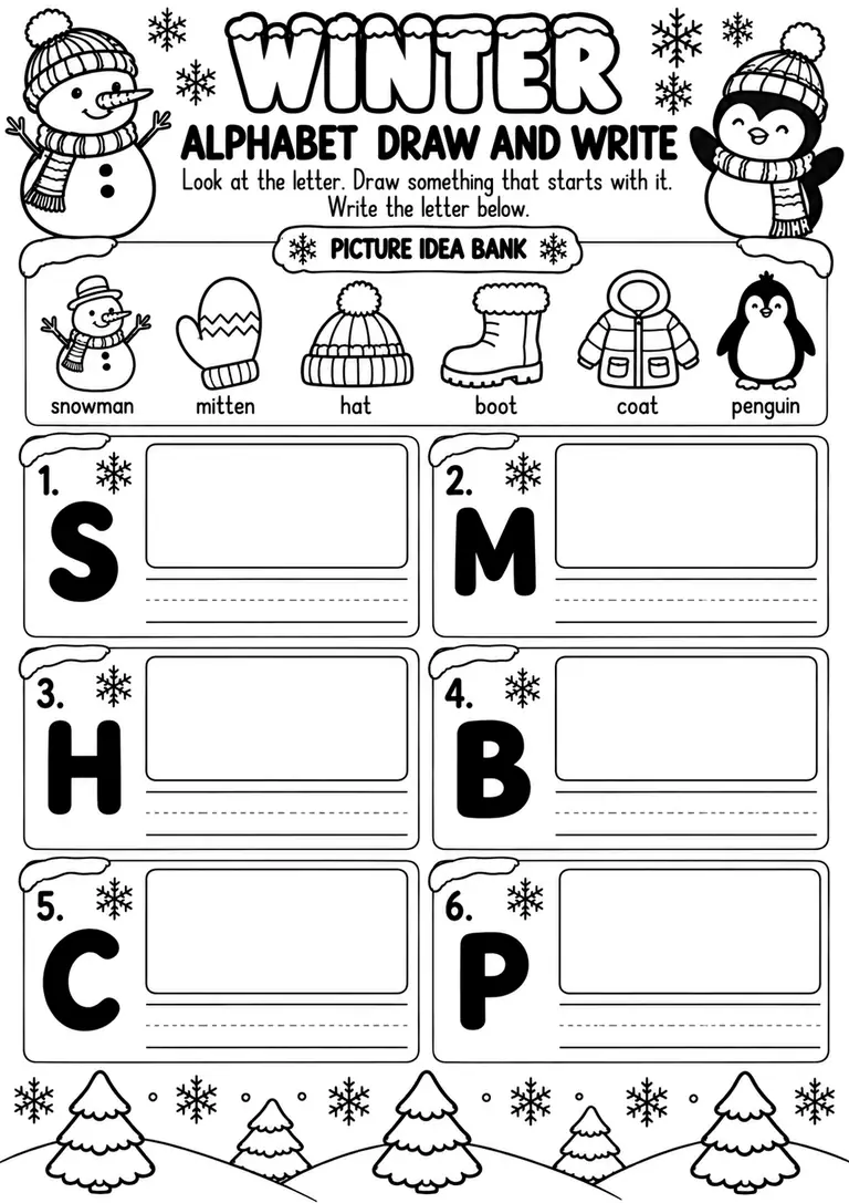 Winter Alphabet Draw and Write for Preschool, Kindergarten, 1st Grade
