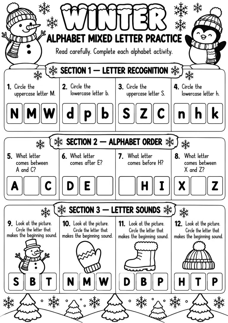Winter Alphabet Mixed Letter Practice for Preschool, Kindergarten, 1st Grade