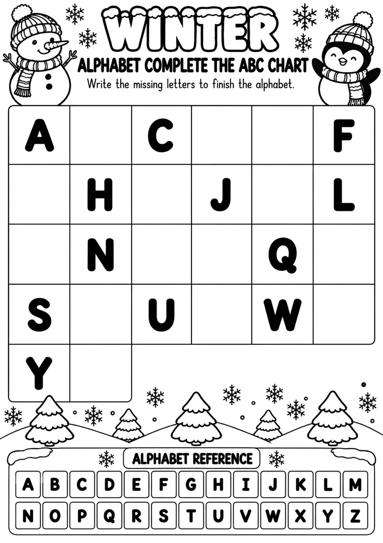 Winter Alphabet Complete the ABC Chart for Preschool, Kindergarten, 1st Grade