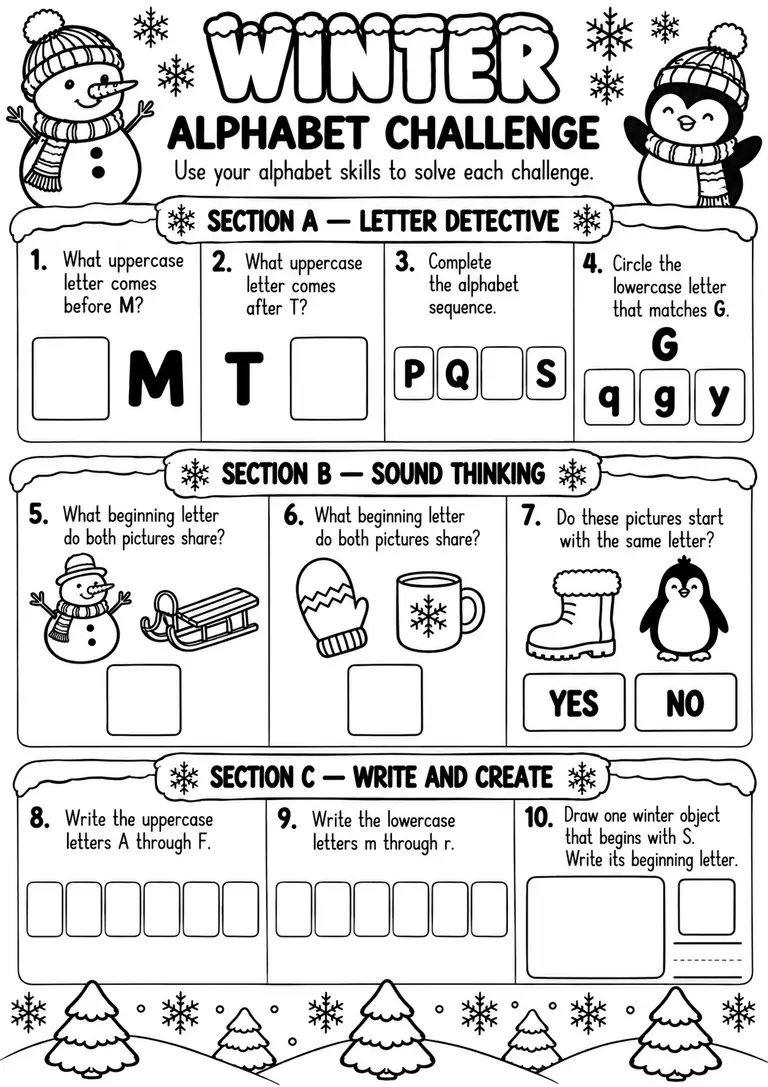 Winter Alphabet Challenge for Preschool, Kindergarten, 1st Grade