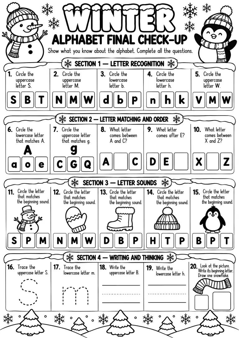 Winter Alphabet Final Check-Up for Preschool, Kindergarten, 1st Grade