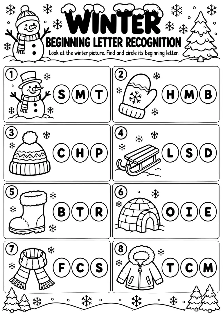 Winter Beginning Letter Recognition for Preschool, Pre-K, Kindergarten