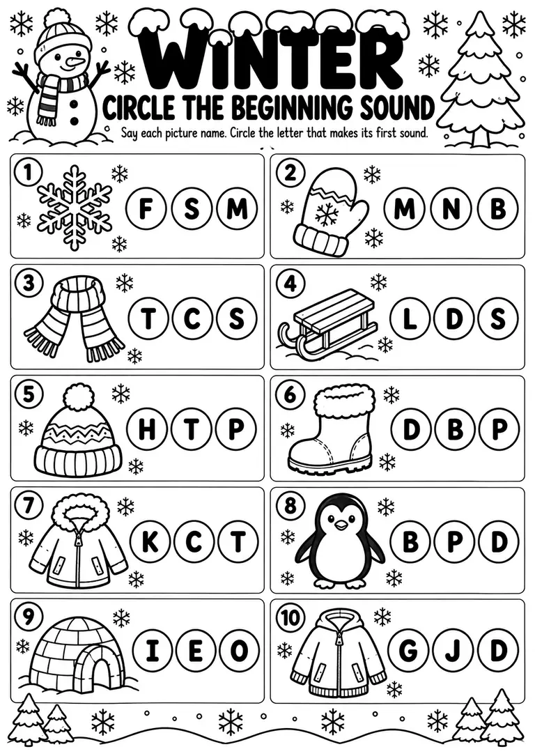 Winter Circle the Beginning Sound for Preschool, Pre-K, Kindergarten