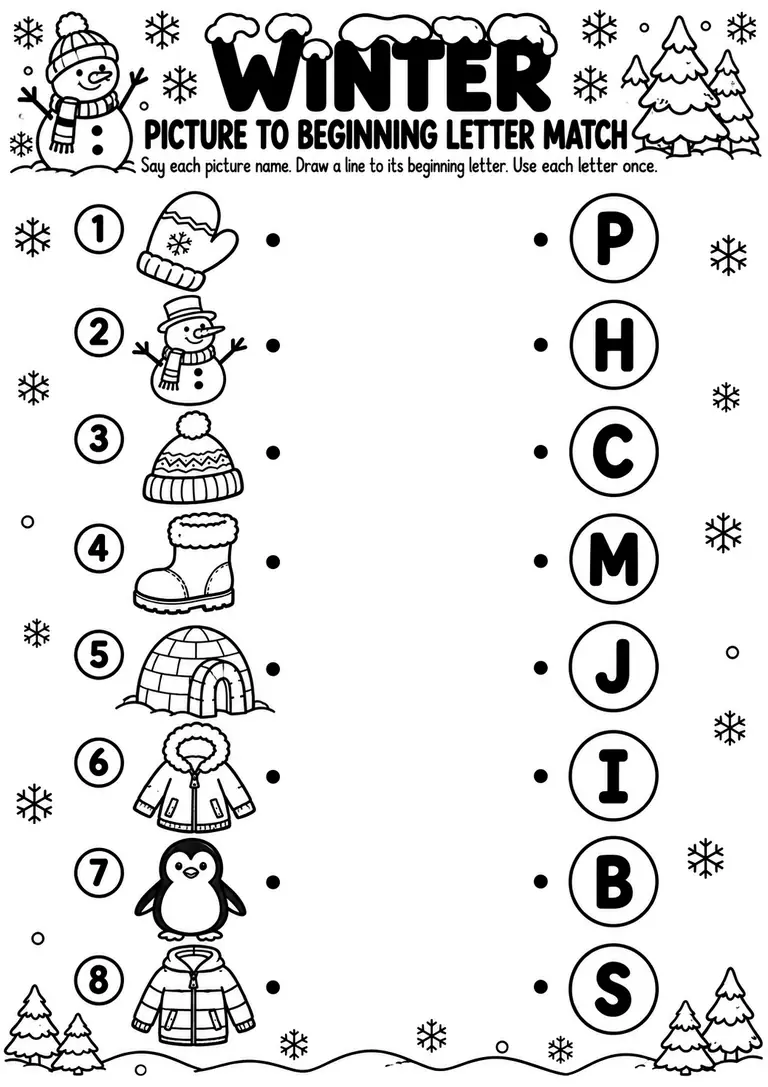 Winter Picture to Beginning Letter Match for Preschool, Pre-K, Kindergarten