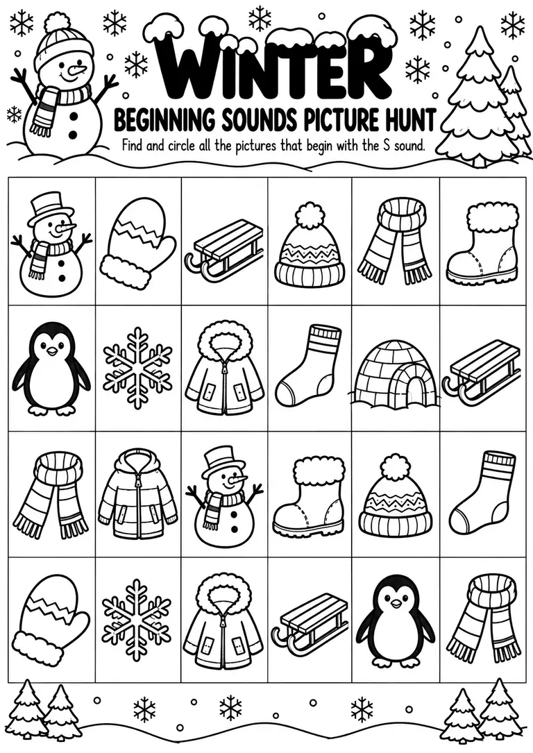 Winter Beginning Sounds Picture Hunt for Preschool, Pre-K, Kindergarten
