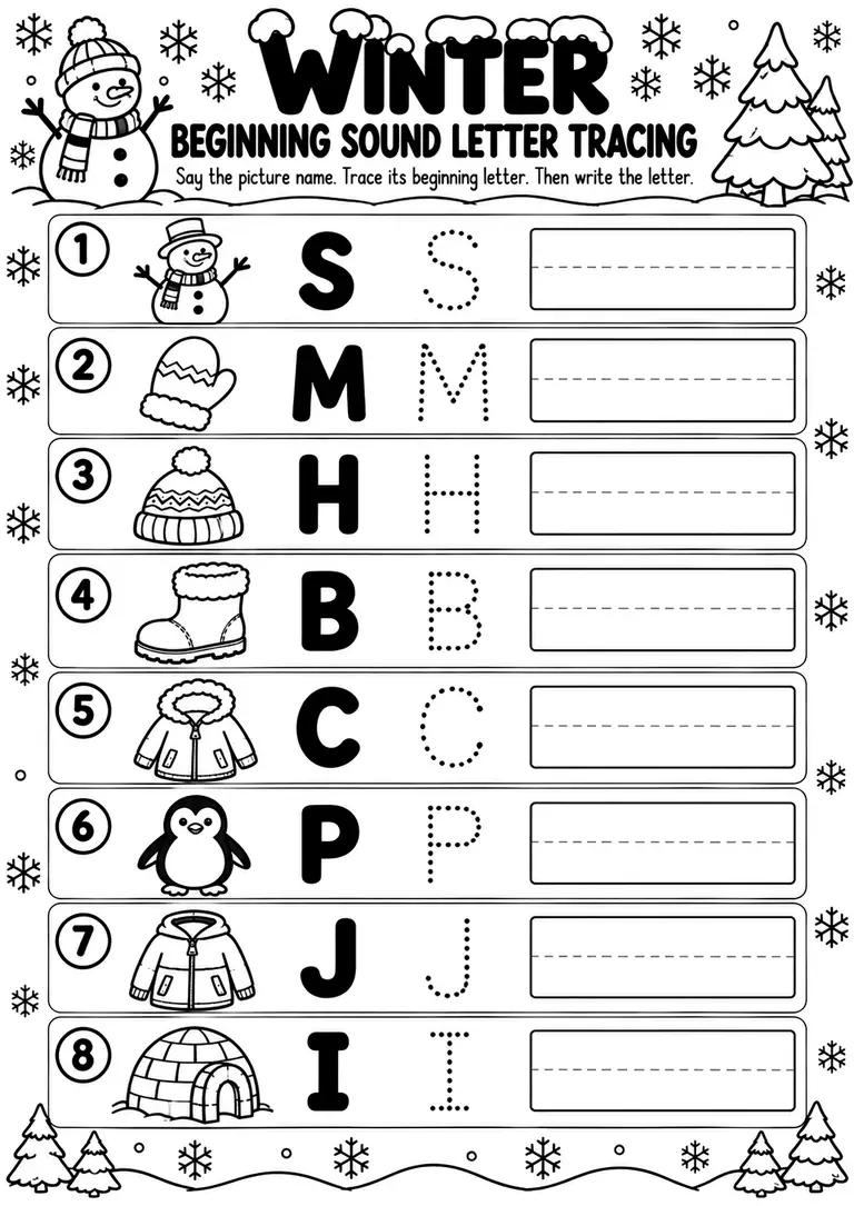 Winter Beginning Sound Letter Tracing for Preschool, Pre-K, Kindergarten