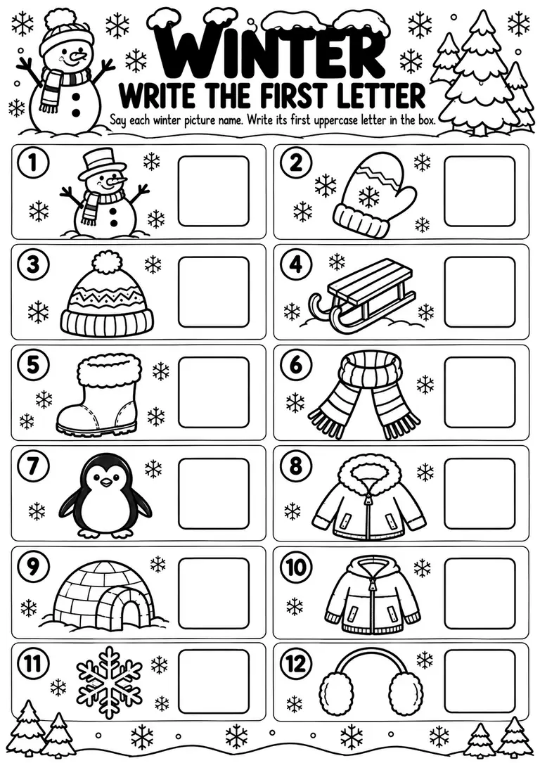 Winter Write the First Letter for Preschool, Pre-K, Kindergarten