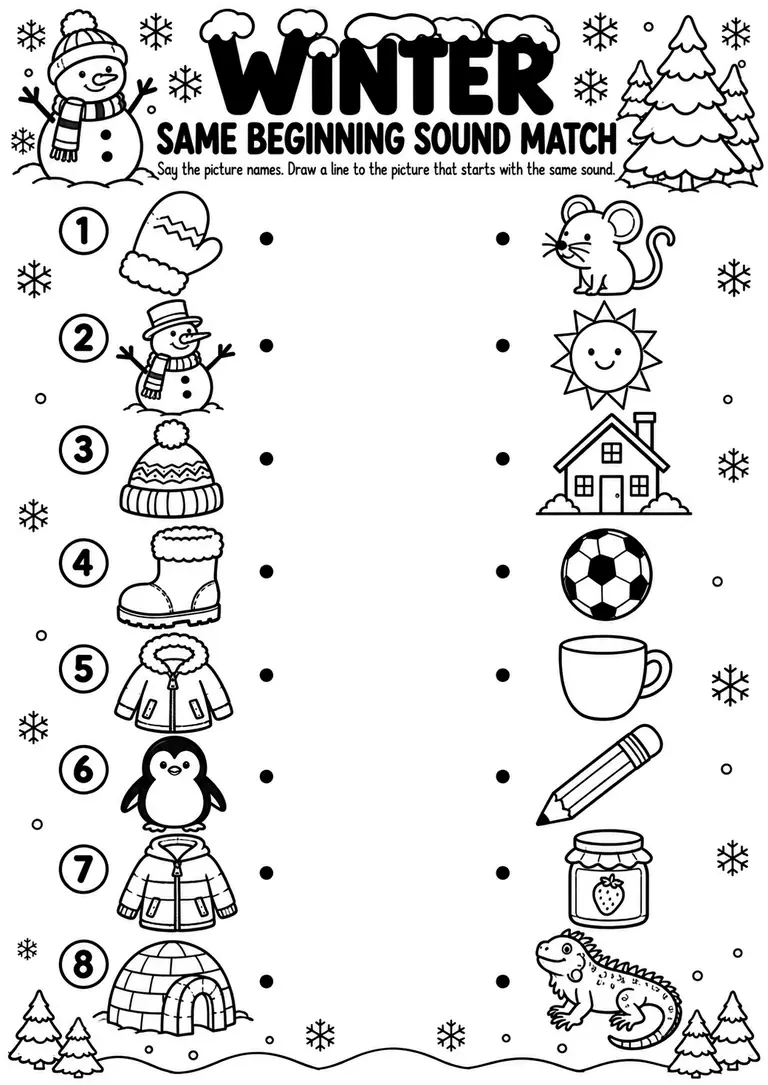 Winter Same Beginning Sound Match for Preschool, Pre-K, Kindergarten