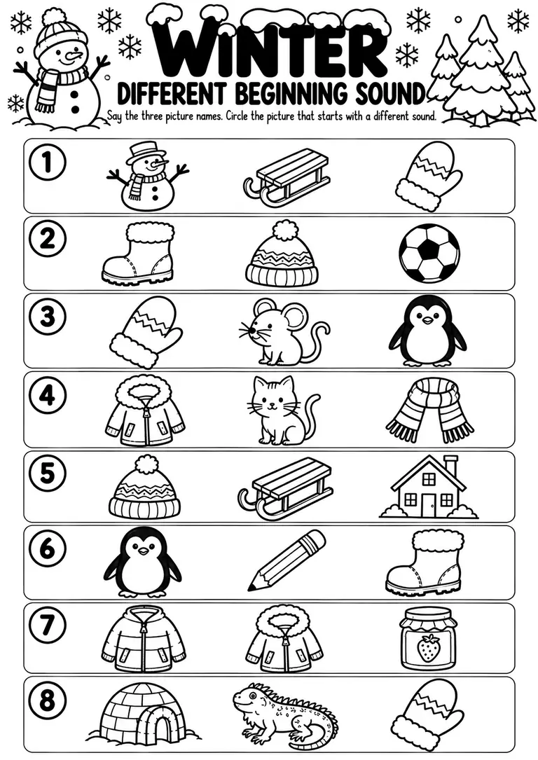 Winter Different Beginning Sound for Preschool, Pre-K, Kindergarten