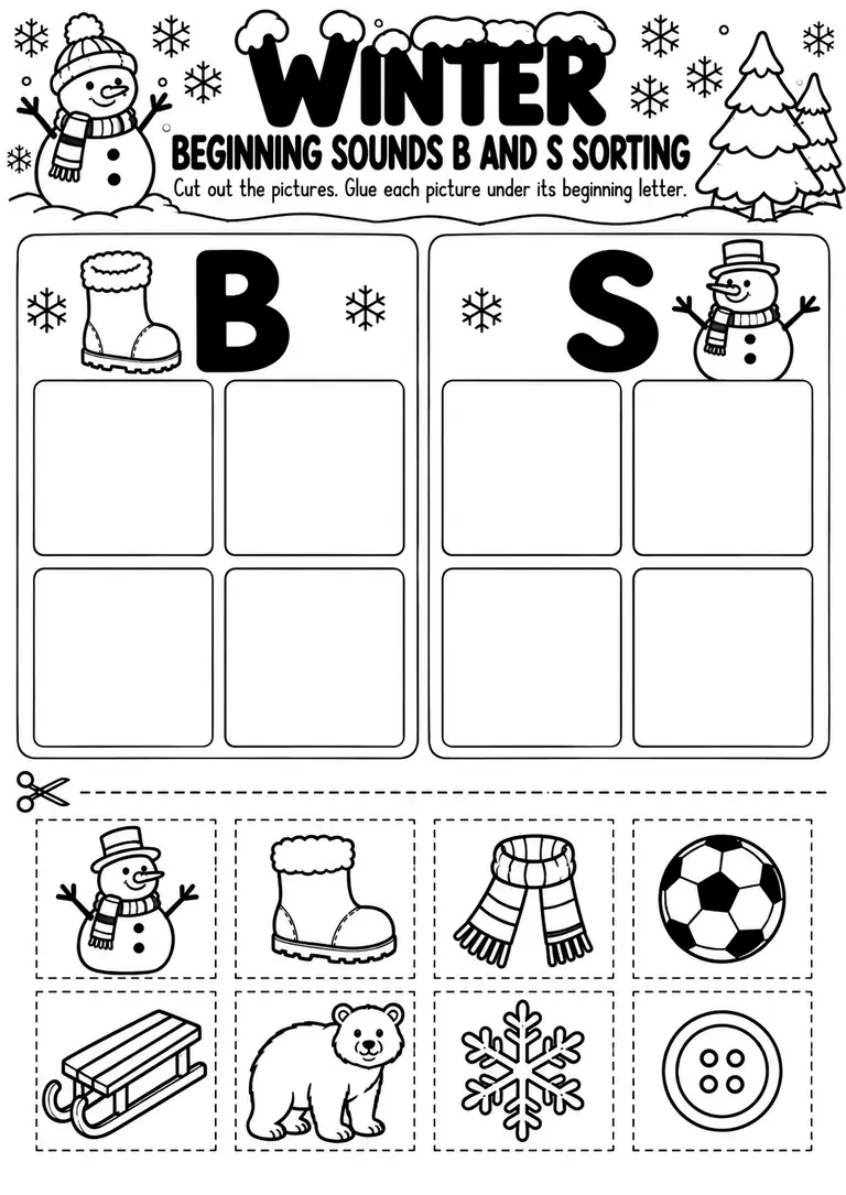 Winter Beginning Sounds B and S Sorting for Preschool, Pre-K, Kindergarten