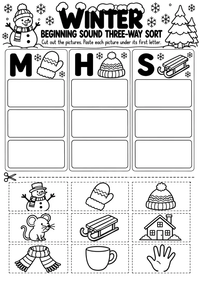 Winter Beginning Sound Three-Way Sort for Preschool, Pre-K, Kindergarten