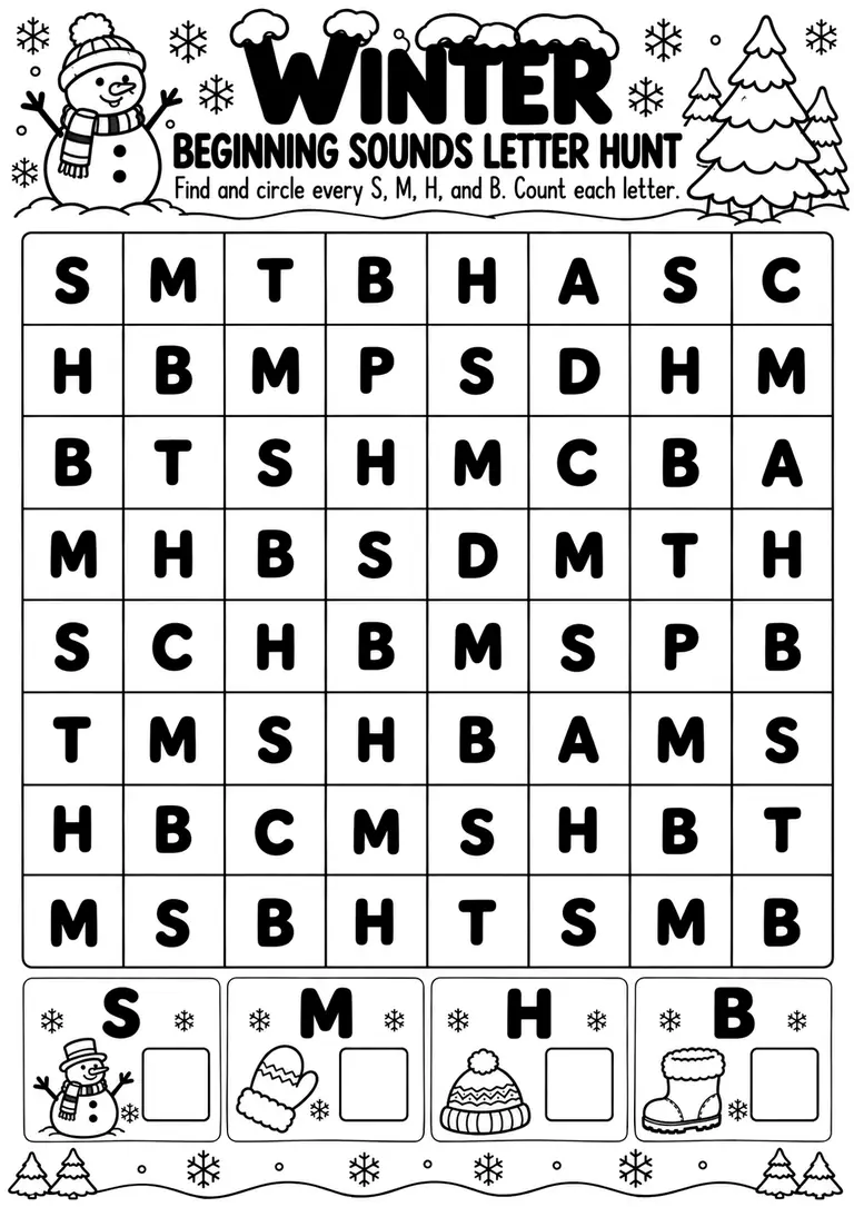 Winter Beginning Sounds Letter Hunt for Preschool, Pre-K, Kindergarten