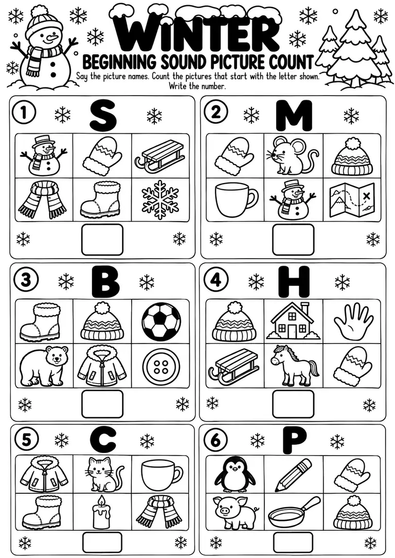 Winter Beginning Sound Picture Count for Preschool, Pre-K, Kindergarten