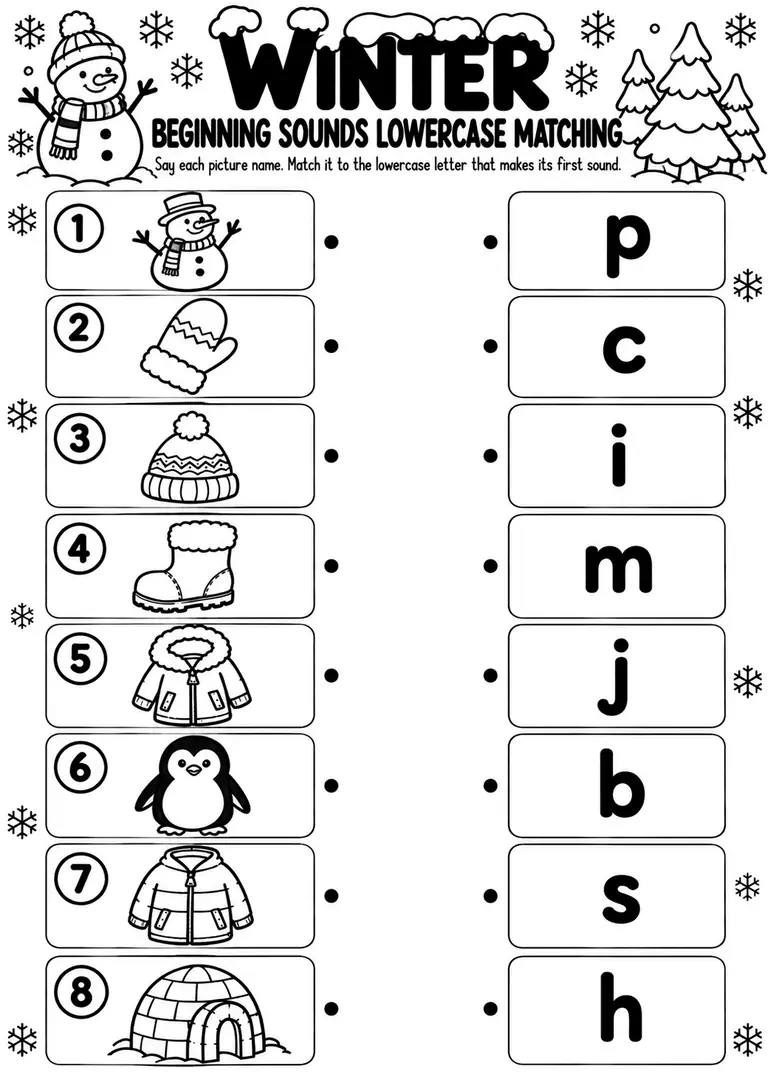 Winter Beginning Sounds Lowercase Matching for Preschool, Pre-K, Kindergarten