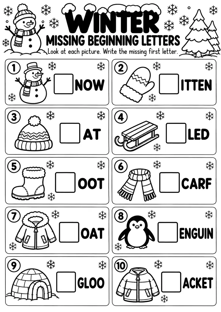 Winter Missing Beginning Letters for Preschool, Pre-K, Kindergarten