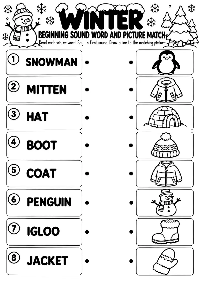 Winter Beginning Sound Word and Picture Match for Preschool, Pre-K, Kindergarten