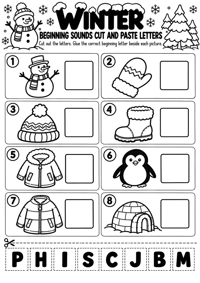 Winter Beginning Sounds Cut and Paste Letters for Preschool, Pre-K, Kindergarten