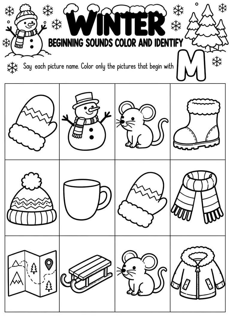 Winter Beginning Sounds Color and Identify for Preschool, Pre-K, Kindergarten