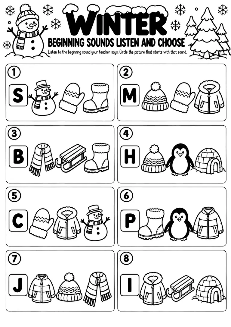 Winter Beginning Sounds Listen and Choose for Preschool, Pre-K, Kindergarten