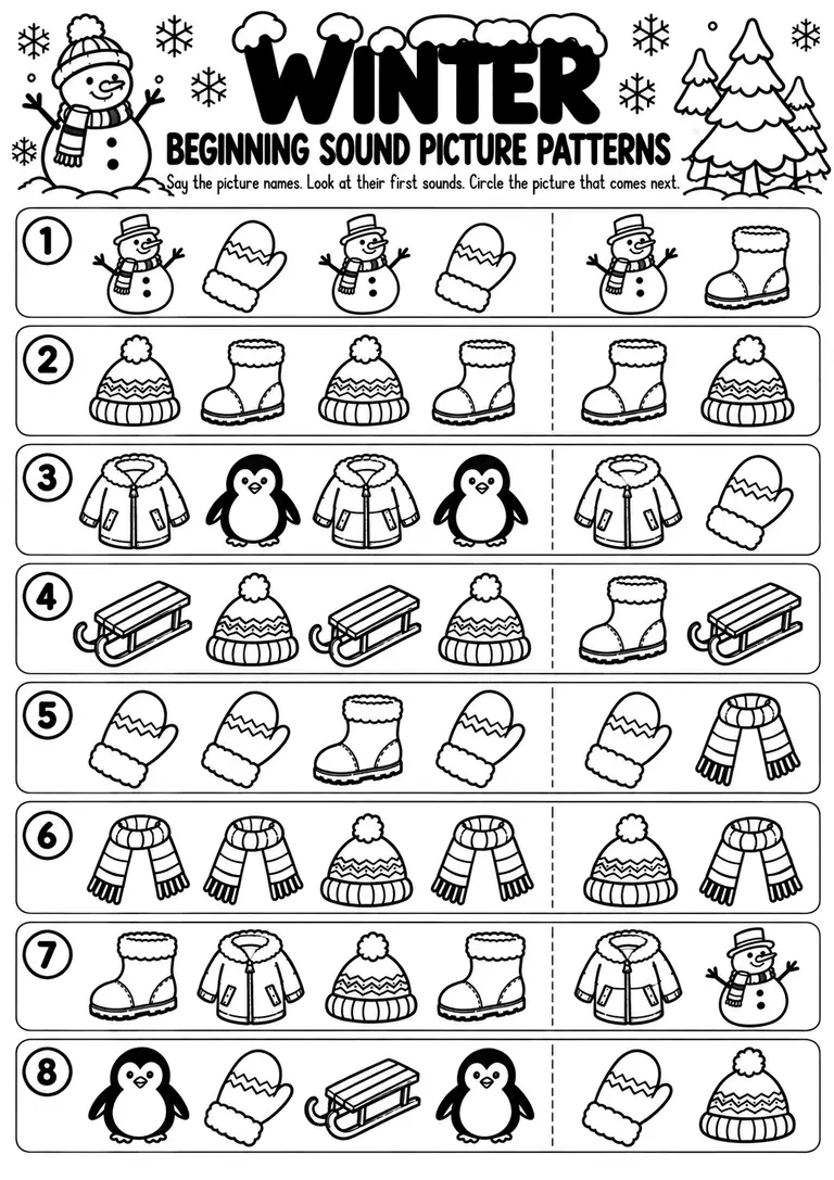 Winter Beginning Sound Picture Patterns for Preschool, Pre-K, Kindergarten