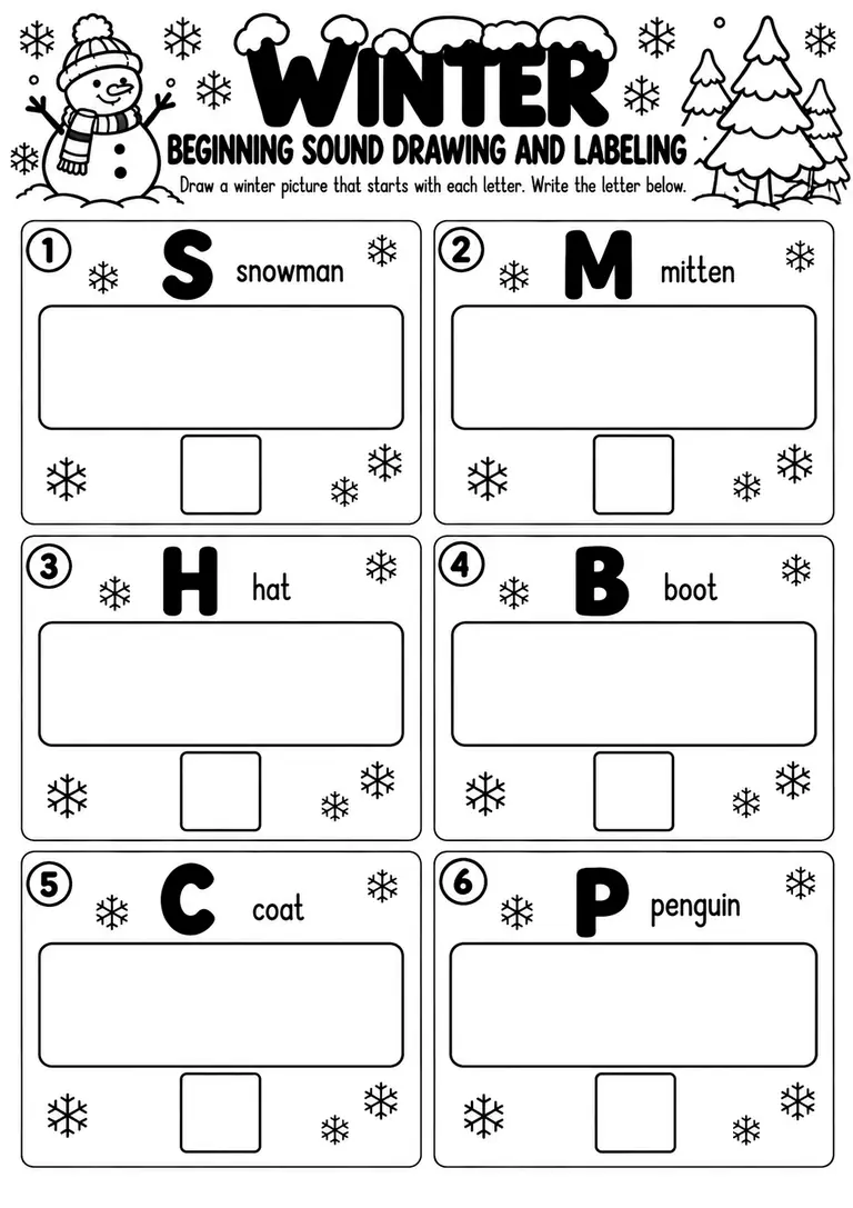 Winter Beginning Sound Drawing and Labeling for Preschool, Pre-K, Kindergarten