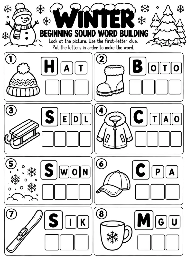 Winter Beginning Sound Word Building for Preschool, Pre-K, Kindergarten