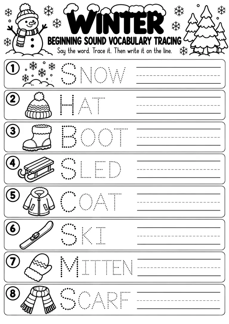 Winter Beginning Sound Vocabulary Tracing for Preschool, Pre-K, Kindergarten