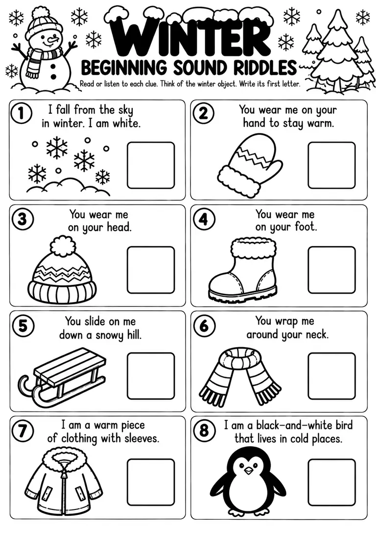 Winter Beginning Sound Riddles for Preschool, Pre-K, Kindergarten