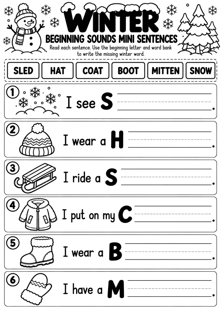 Winter Beginning Sounds Mini Sentences for Preschool, Pre-K, Kindergarten