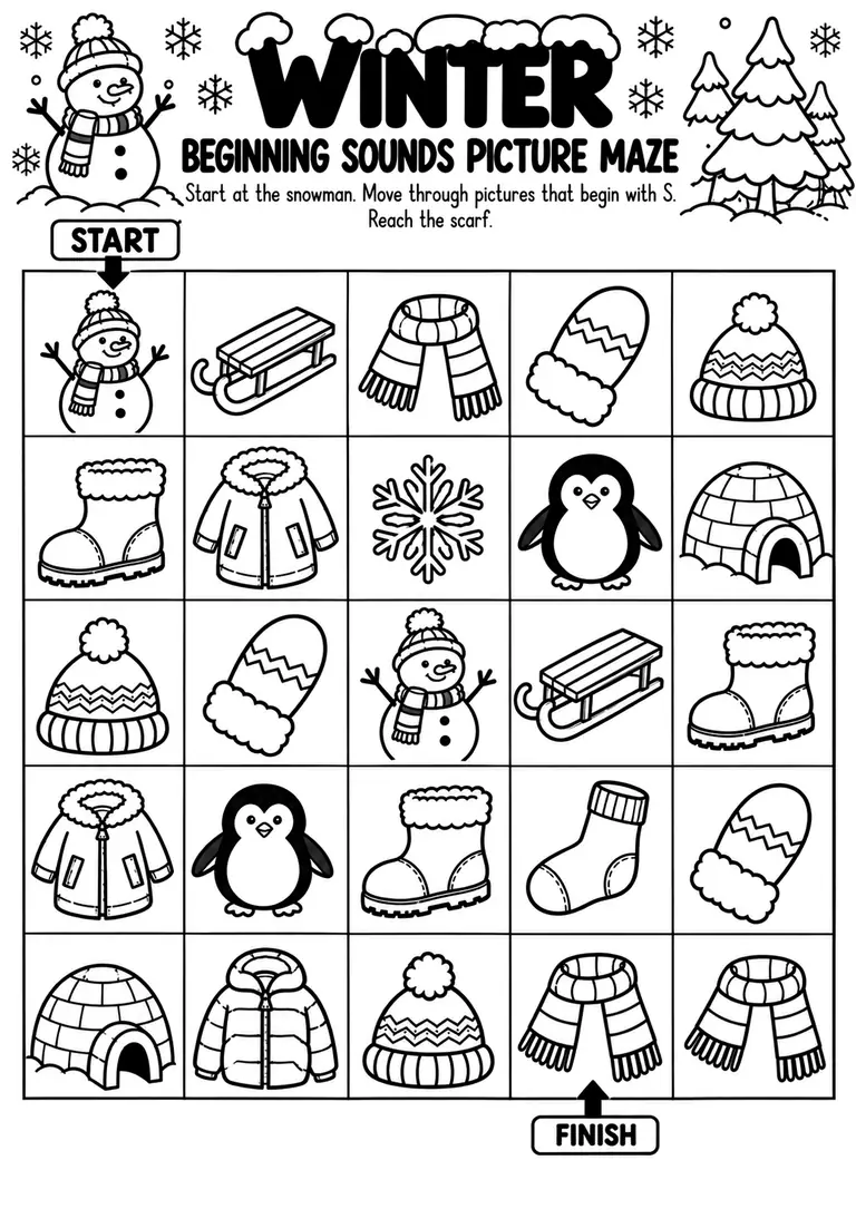 Winter Beginning Sounds Picture Maze for Preschool, Pre-K, Kindergarten