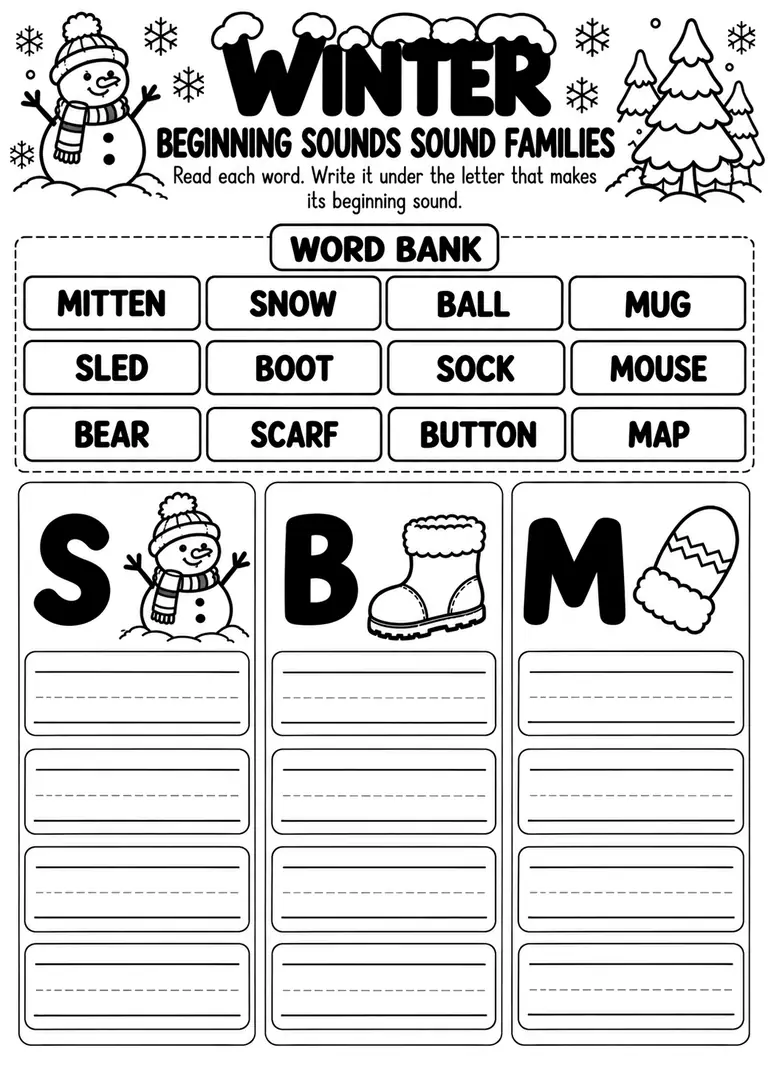 Winter Beginning Sounds Sound Families for Preschool, Pre-K, Kindergarten