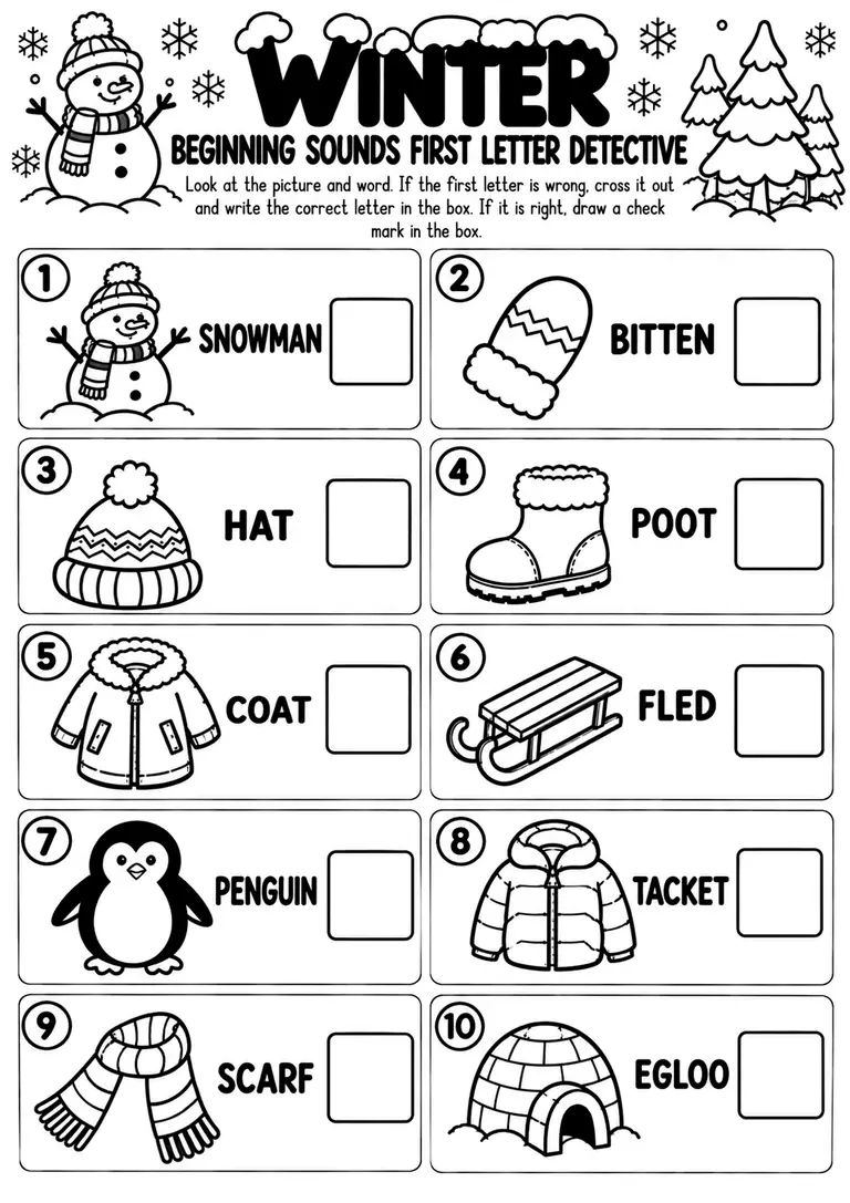 Winter Beginning Sounds First Letter Detective for Preschool, Pre-K, Kindergarten