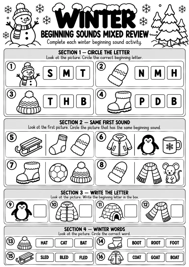 Winter Beginning Sounds Mixed Review for Preschool, Pre-K, Kindergarten