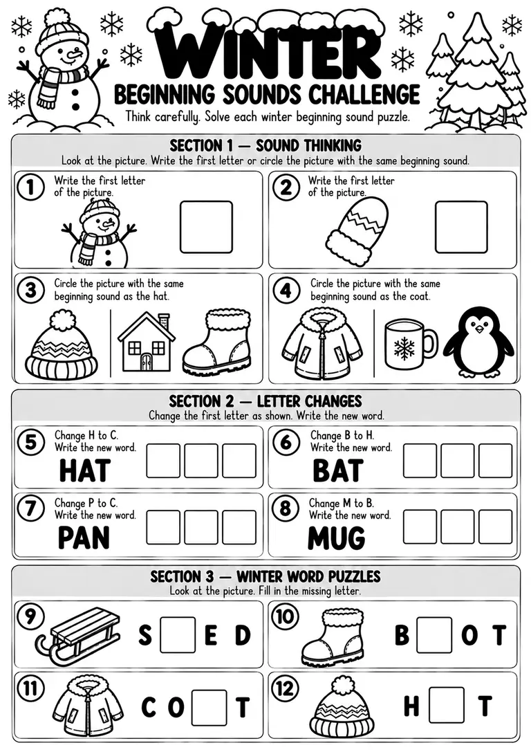 Winter Beginning Sounds Challenge for Preschool, Pre-K, Kindergarten