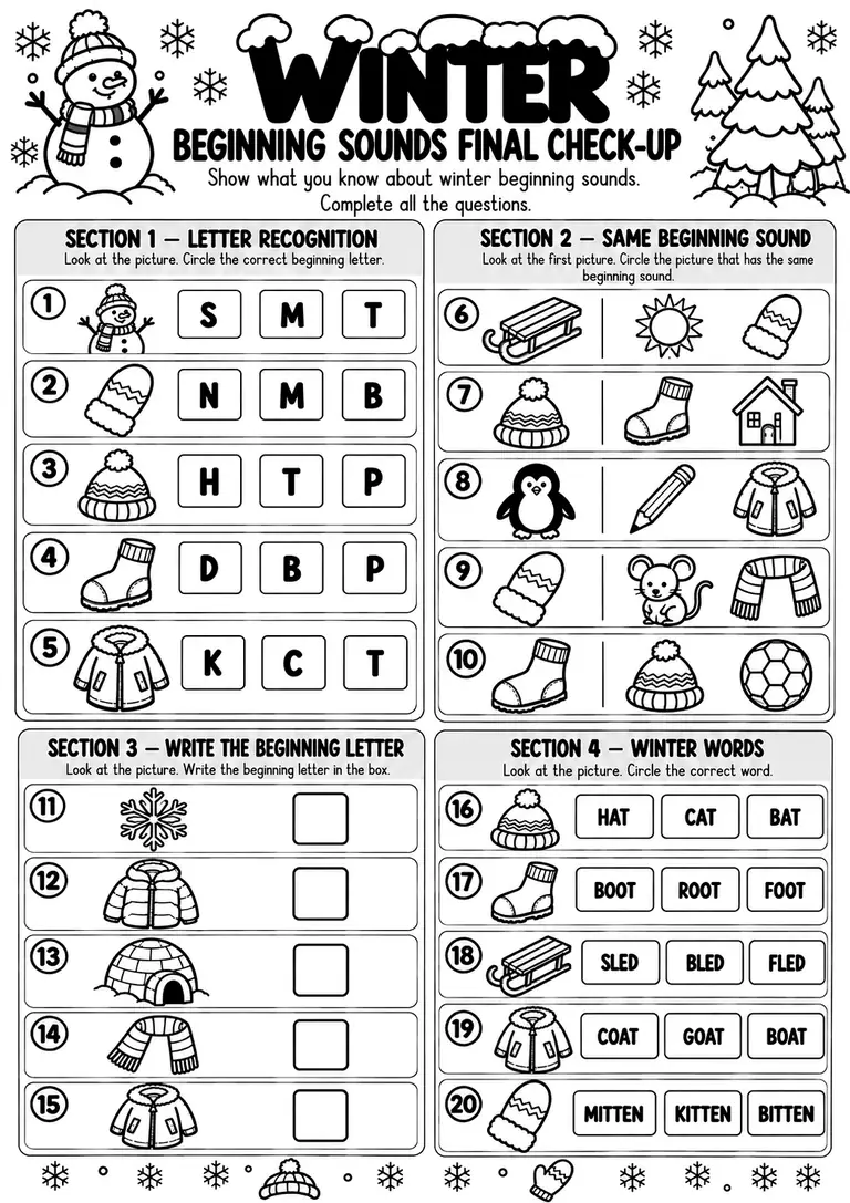 Winter Beginning Sounds Final Check-Up for Preschool, Pre-K, Kindergarten