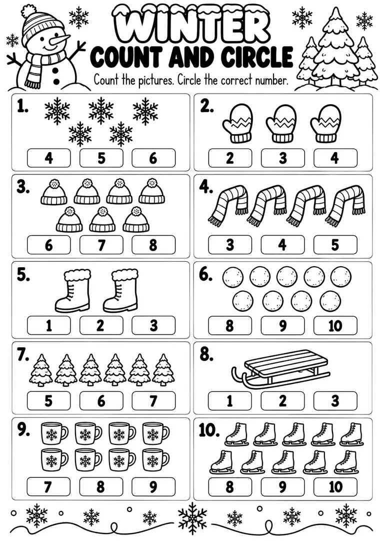 WINTER COUNT AND CIRCLE WORKSHEET for Pre-K, Kindergarten, 1st Grade