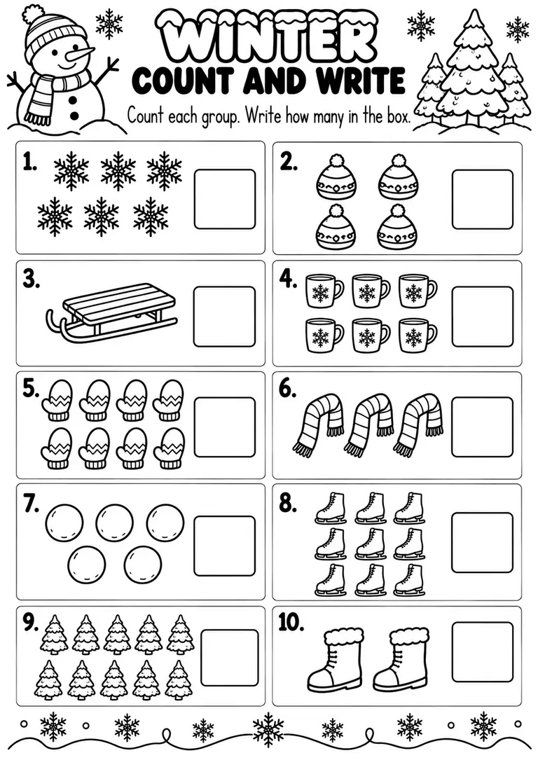 WINTER COUNT AND WRITE PRINTABLE for Pre-K, Kindergarten, 1st Grade
