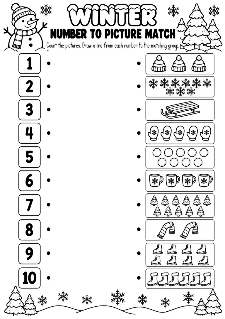 WINTER NUMBER TO PICTURE MATCH for Pre-K, Kindergarten, 1st Grade