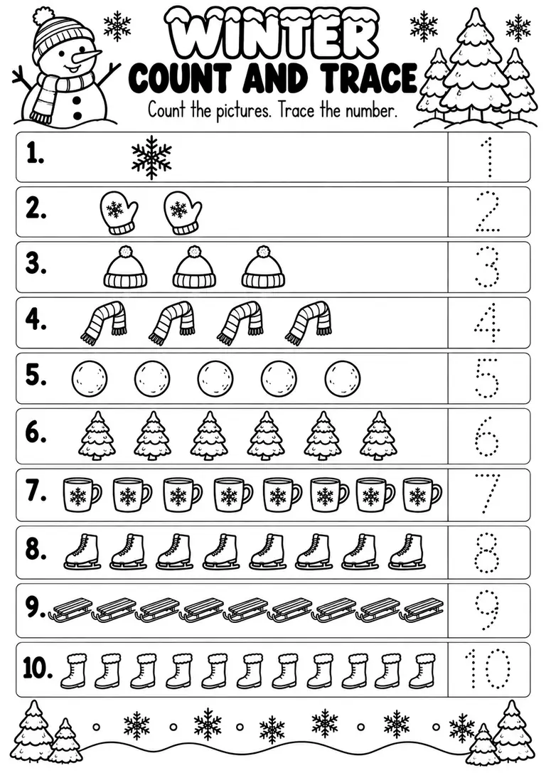 WINTER COUNT AND TRACE for Pre-K, Kindergarten, 1st Grade