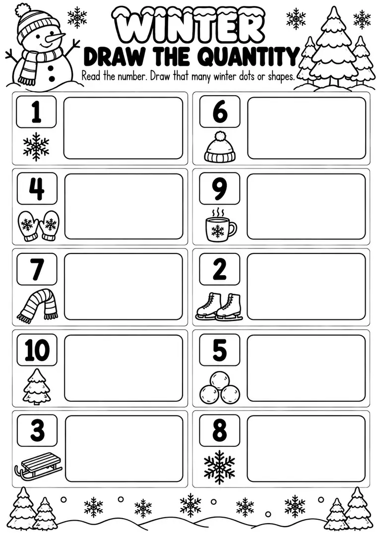 WINTER DRAW THE QUANTITY for Pre-K, Kindergarten, 1st Grade