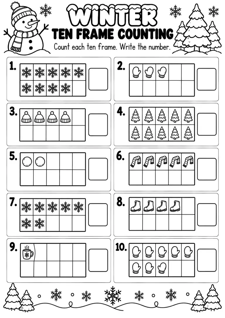WINTER TEN FRAME COUNTING for Pre-K, Kindergarten, 1st Grade
