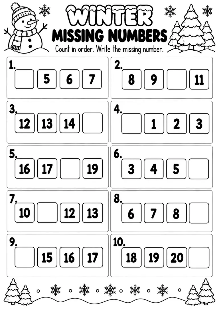 WINTER MISSING NUMBERS PRINTABLE for Pre-K, Kindergarten, 1st Grade