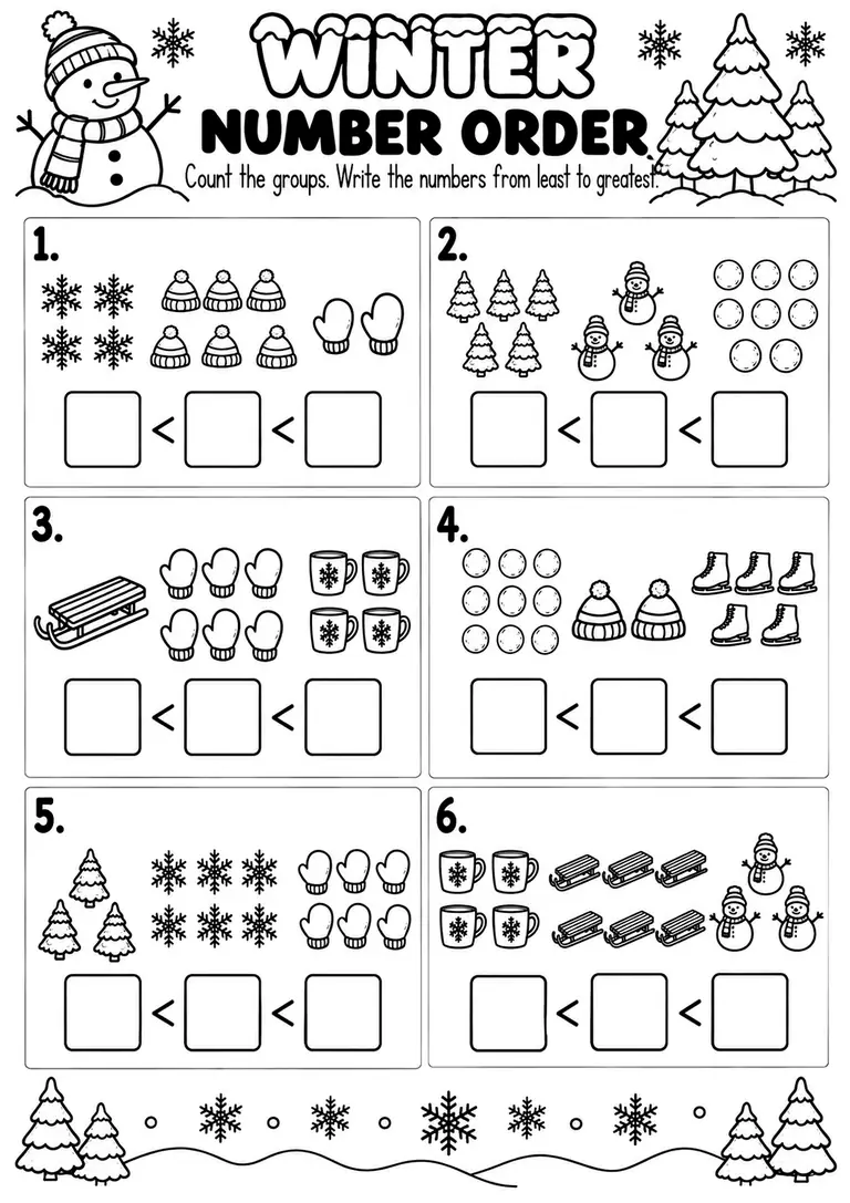 WINTER NUMBER ORDER WORKSHEET for Pre-K, Kindergarten, 1st Grade