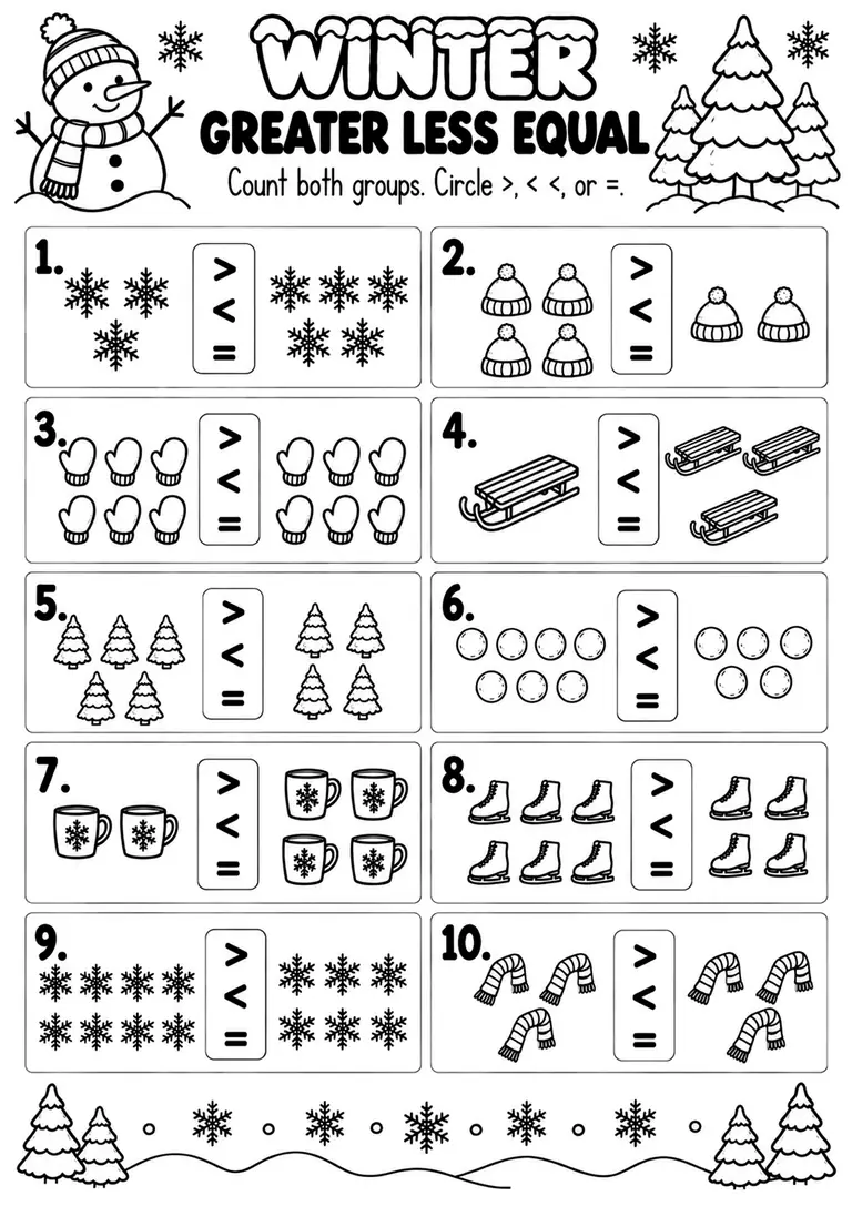 WINTER GREATER LESS EQUAL for Pre-K, Kindergarten, 1st Grade