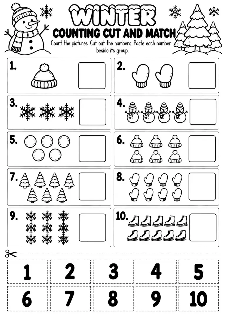 WINTER COUNTING CUT AND MATCH for Pre-K, Kindergarten, 1st Grade
