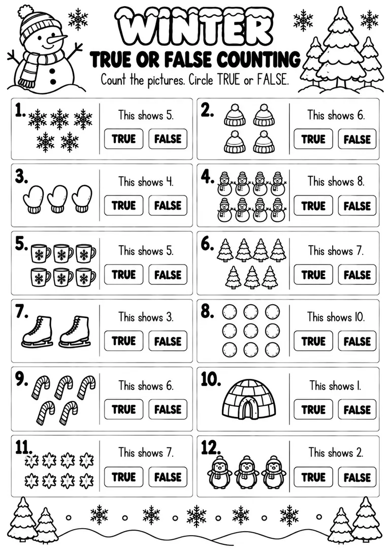 WINTER TRUE OR FALSE COUNTING for Pre-K, Kindergarten, 1st Grade