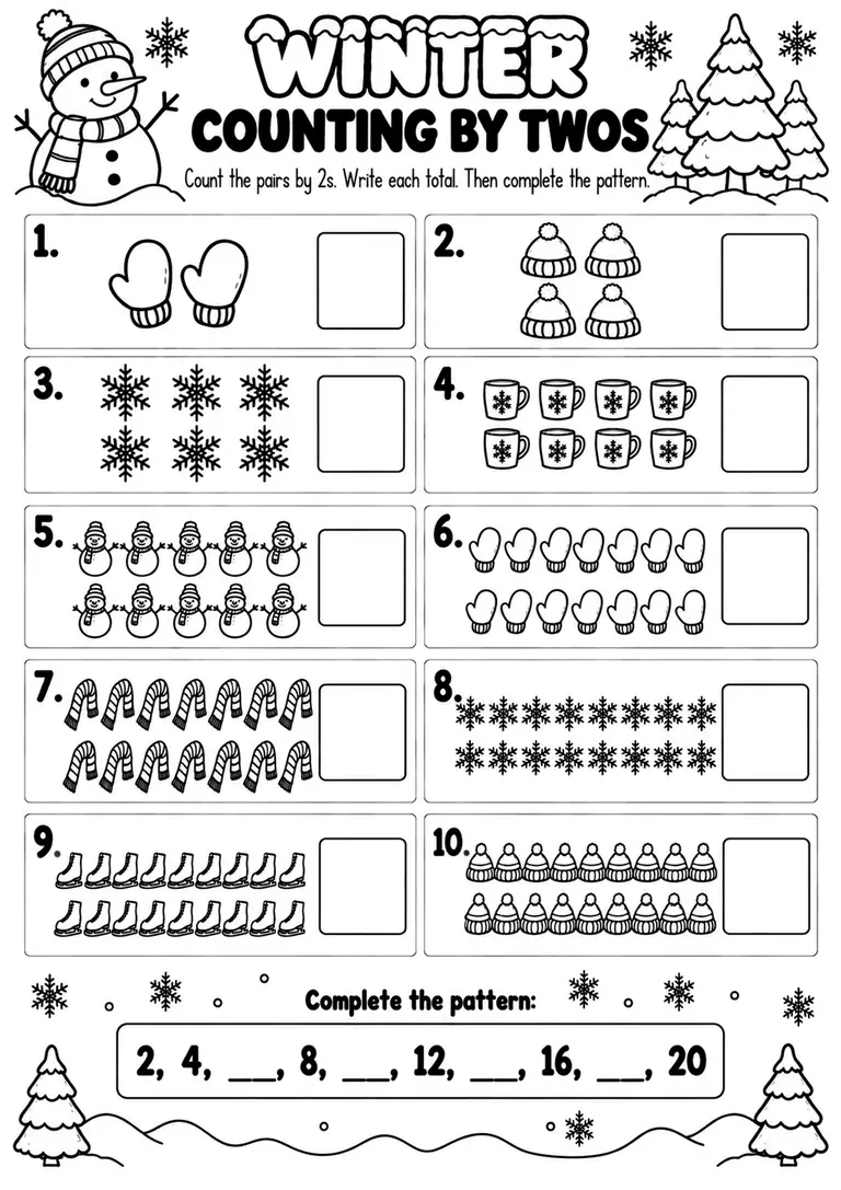 WINTER COUNTING BY TWOS WORKSHEET for Pre-K, Kindergarten, 1st Grade