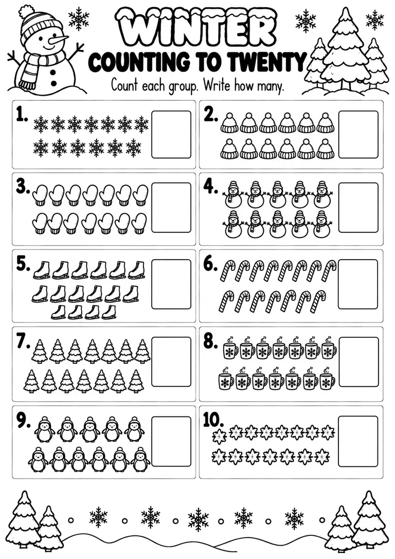 WINTER COUNTING TO TWENTY for Pre-K, Kindergarten, 1st Grade