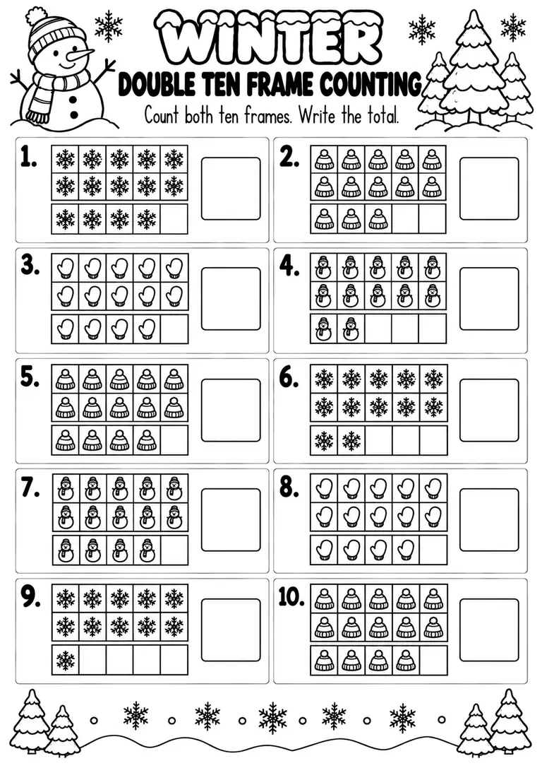 WINTER DOUBLE TEN FRAME COUNTING for Pre-K, Kindergarten, 1st Grade